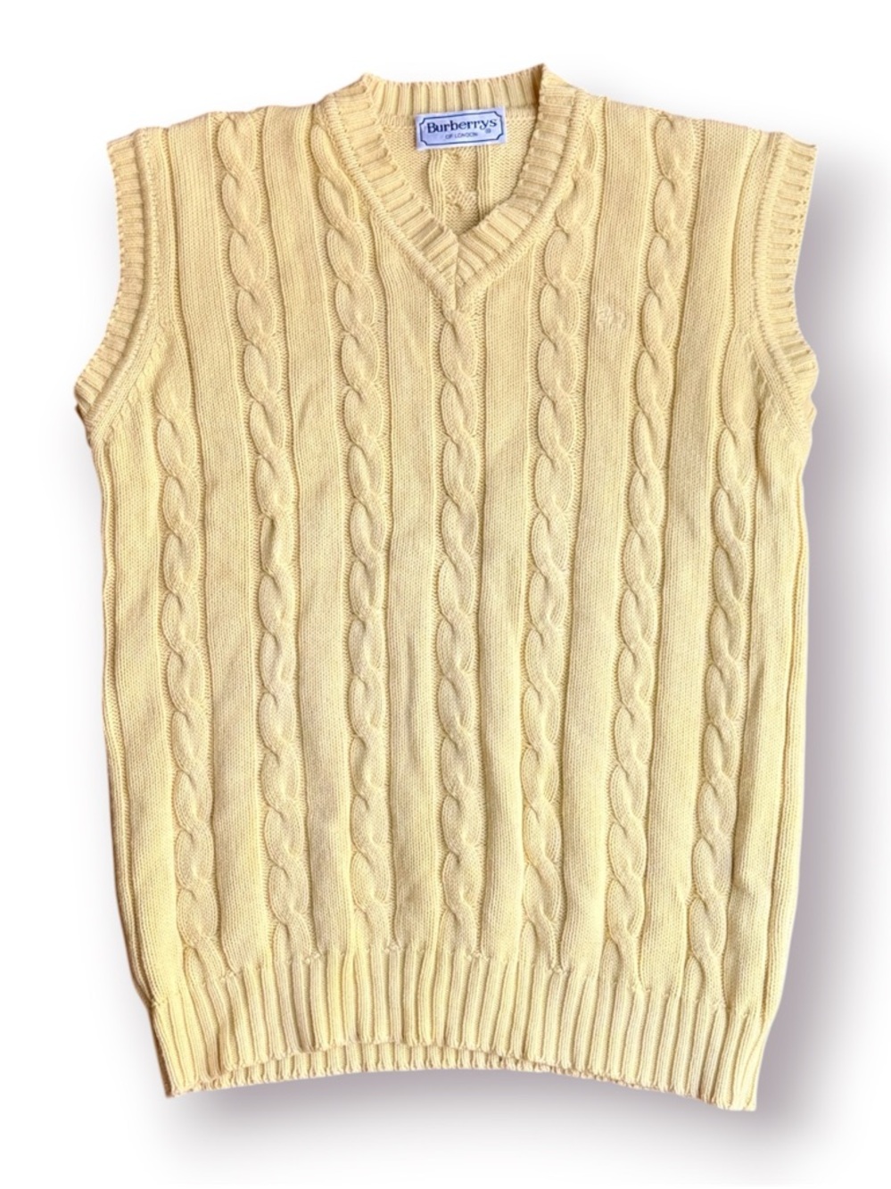 VTG Burberry Cable Knit Vest Men’s Large Butter Yellow Preppy Heritage Old Money